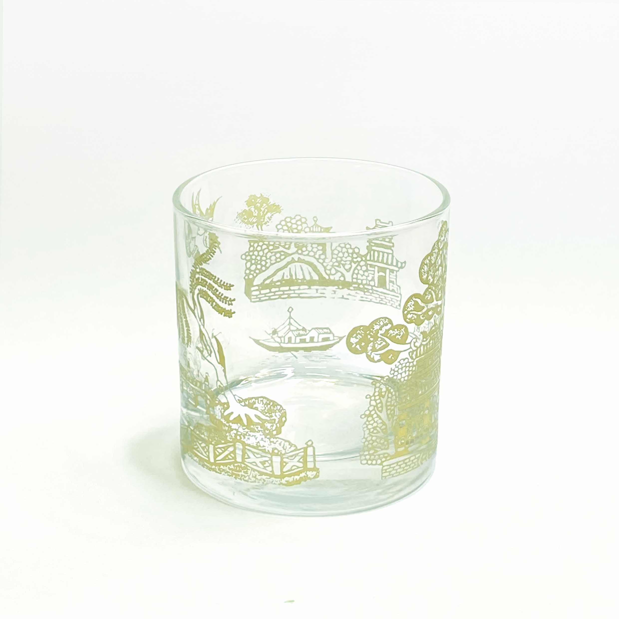 Gold Willow Etched Whiskey Glass Set