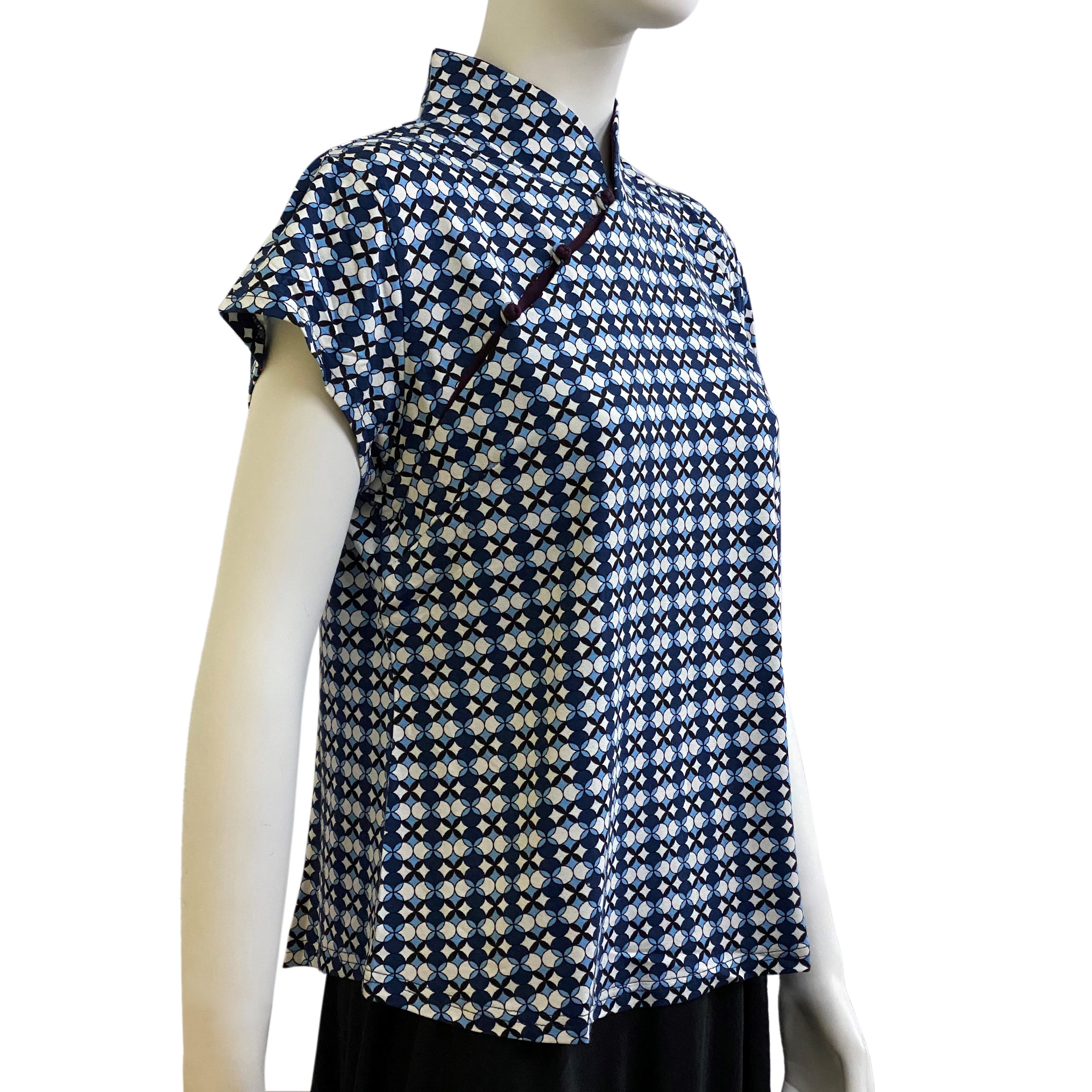 Mui Jai Top with Contrast Buttons, Blue Coins