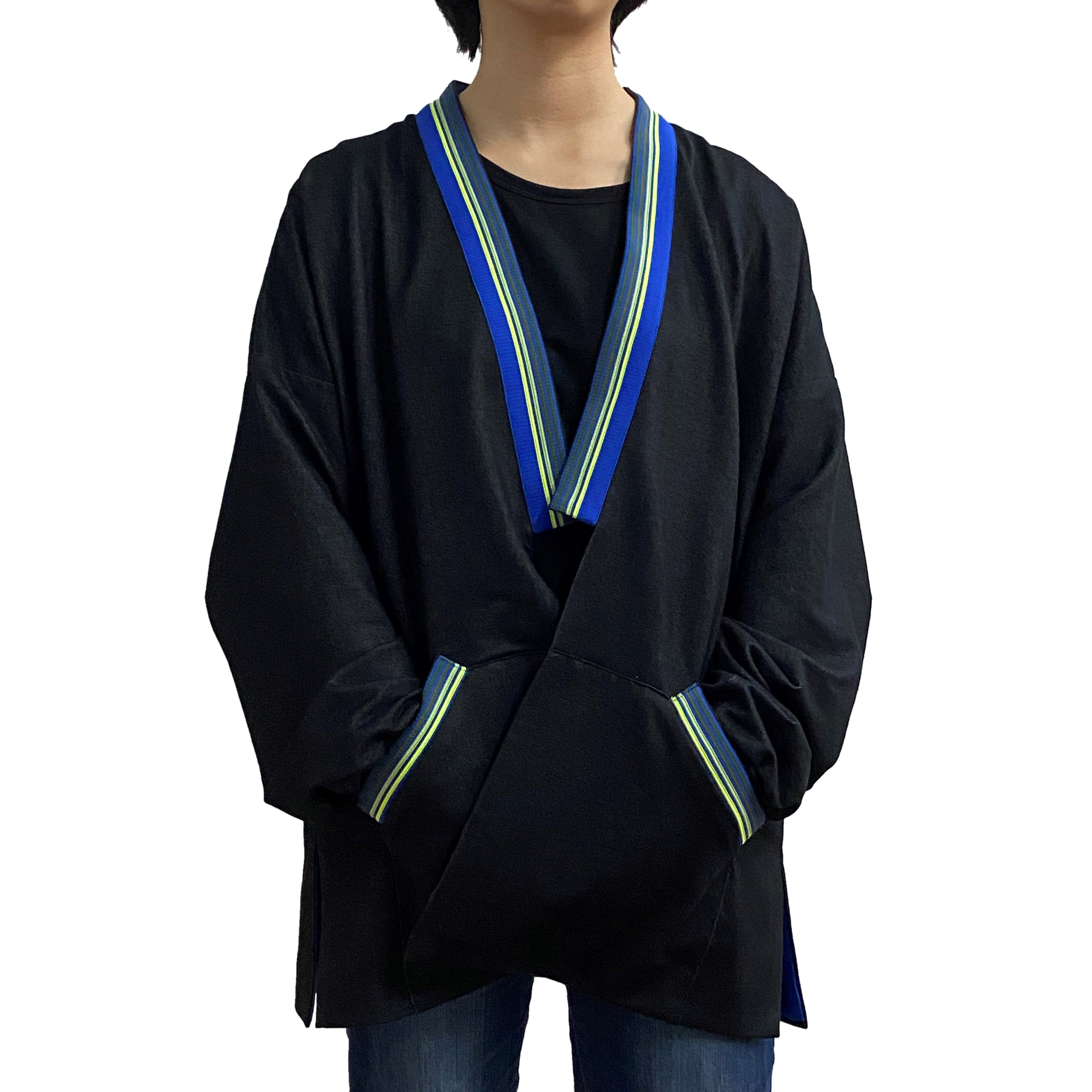 Long Reversible Kimono Jacket, Black/ Electric Blue