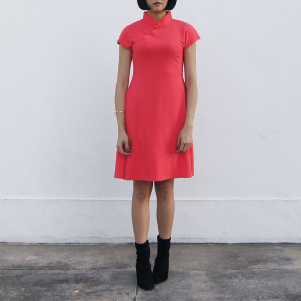 'Yung Chung' Solid colour Qipao dress, Coral