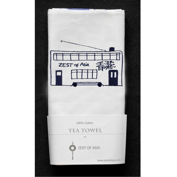 Embroidered Tram Tea Towel by Zest of Asia, Blue
